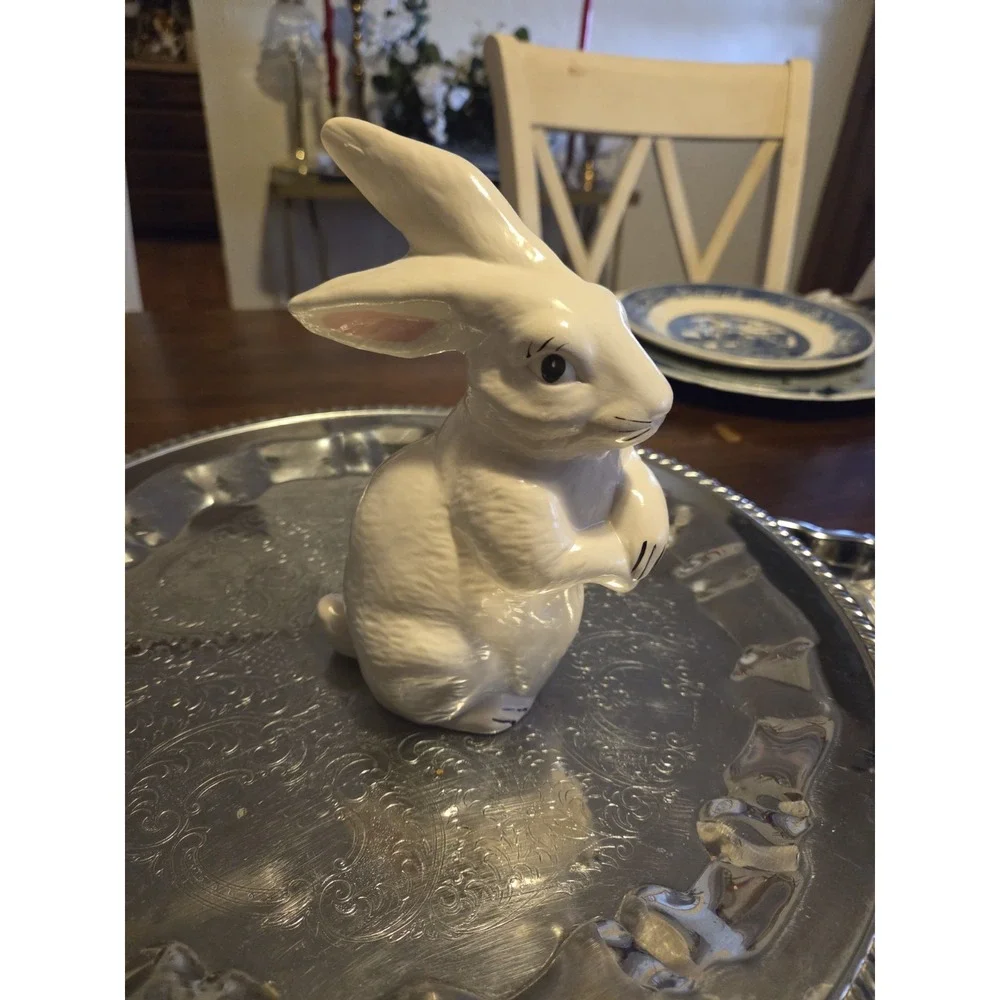 charming vintage glazed ceramic white bunny rabbit figurine, Easter, Cottagecore